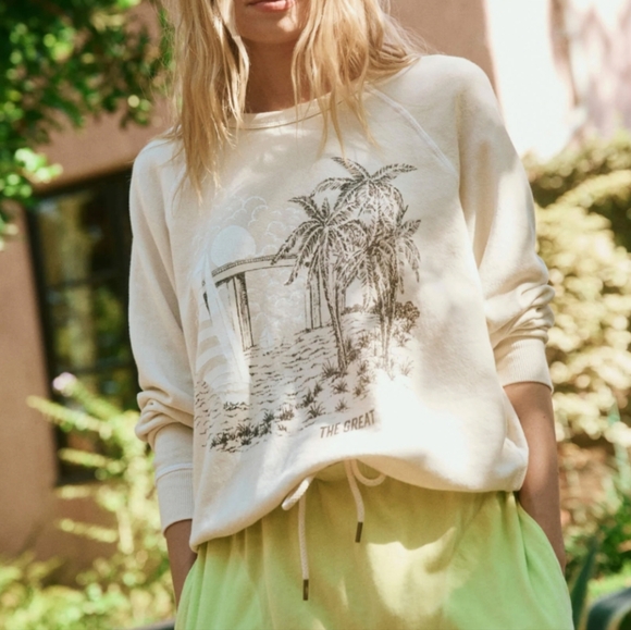 The Great. The College Sweatshirt Sailboat Palm Graphic Crewneck Washed White S - Picture 1 of 12